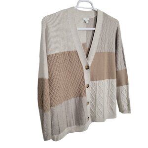 J Jill Size 2X Cardigan V-neck Sweater Multi Knit Color Block Textured Tan Cream